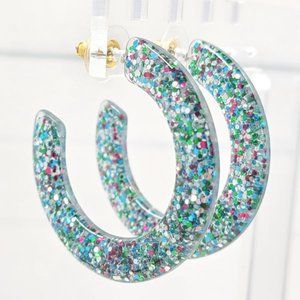 1.75" Retro Multicolor Glittered Lucite Translucent Hoop Earrings